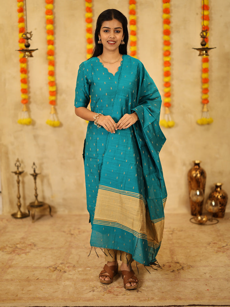 Teal Blue Festive Kurta Set with Woven Dupatta for Women Elegant Ethnic Wear