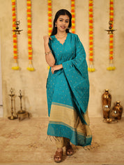 Teal Blue Festive Kurta Set with Woven Dupatta for Women Elegant Ethnic Wear