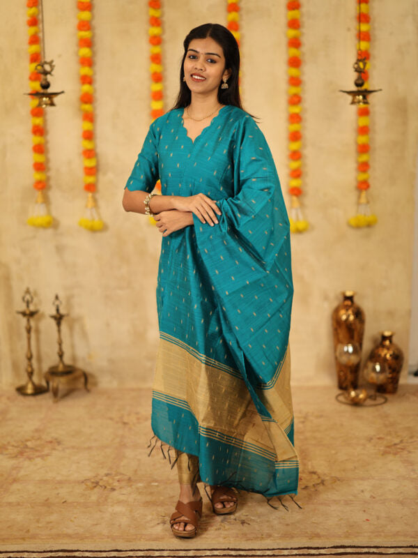Teal Blue Festive Kurta Set with Woven Dupatta for Women Elegant Ethnic Wear