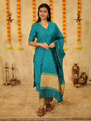 Teal Blue Festive Kurta Set with Woven Dupatta for Women Elegant Ethnic Wear