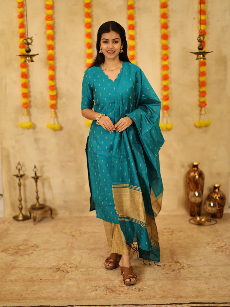 Teal Blue Festive Kurta Set with Woven Dupatta for Women Elegant Ethnic Wear