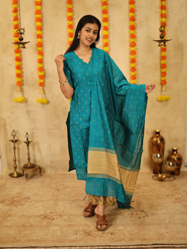 Teal Blue Festive Kurta Set with Woven Dupatta for Women Elegant Ethnic Wear