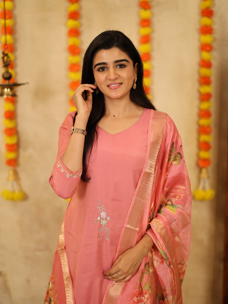 Peach Pink Floral Kurta Pant Dupatta Set for Women Festive Ethnic Wear