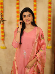 Peach Pink Floral Kurta Pant Dupatta Set for Women Festive Ethnic Wear