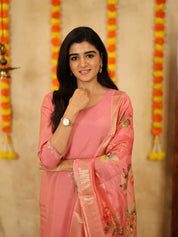 Peach Pink Floral Kurta Pant Dupatta Set for Women Festive Ethnic Wear