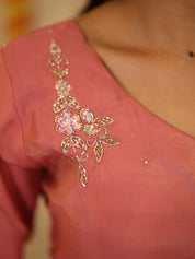 Peach Pink Floral Kurta Pant Dupatta Set for Women Festive Ethnic Wear
