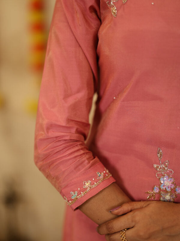 Peach Pink Floral Kurta Pant Dupatta Set for Women Festive Ethnic Wear