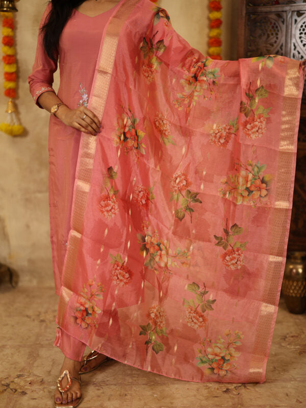 Peach Pink Floral Kurta Pant Dupatta Set for Women Festive Ethnic Wear