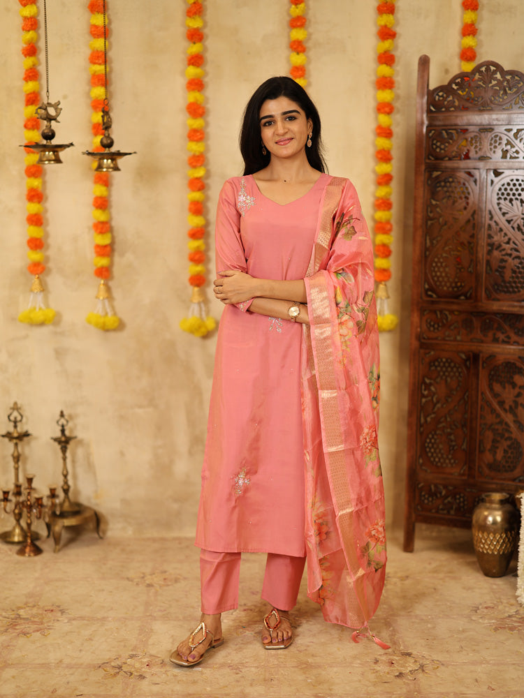 Peach Pink Floral Kurta Pant Dupatta Set for Women Festive Ethnic Wear