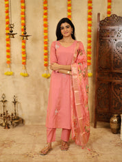 Peach Pink Floral Kurta Pant Dupatta Set for Women Festive Ethnic Wear