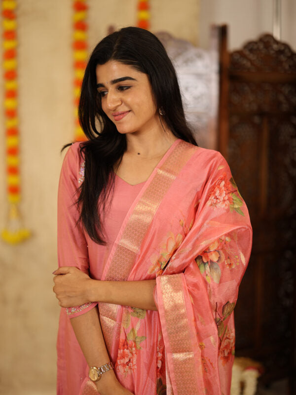 Peach Pink Floral Kurta Pant Dupatta Set for Women Festive Ethnic Wear