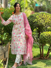 TheHandStitch Floral Printed Kurti Pant Set with Pink Dupatta | Elegant Cotton Ethnic Wear for Women
