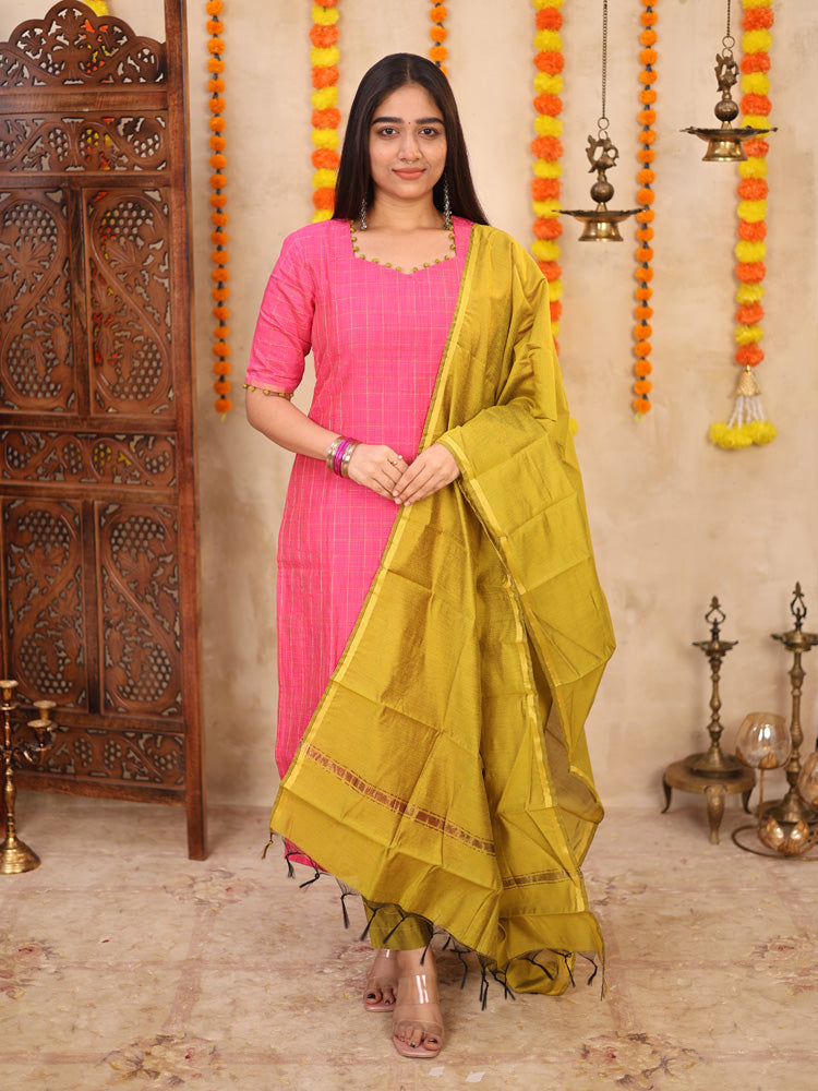 Pink Festive Kurta Set with Olive Green Dupatta for Women Traditional Ethnic Wear
