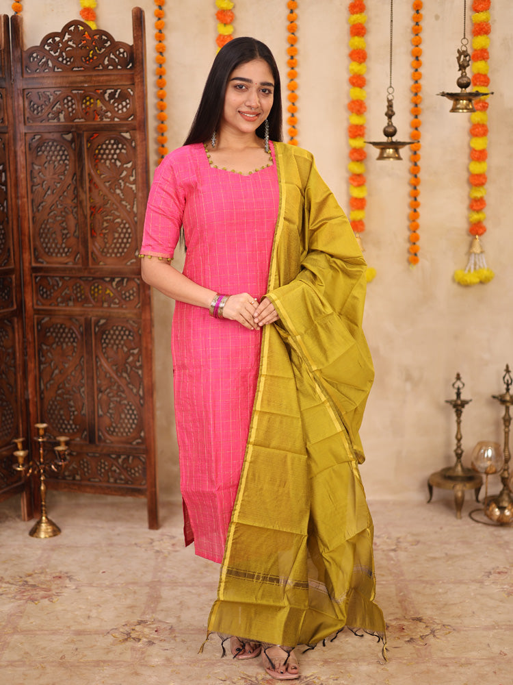 Pink Festive Kurta Set with Olive Green Dupatta for Women Traditional Ethnic Wear