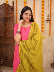 Pink Festive Kurta Set with Olive Green Dupatta for Women Traditional Ethnic Wear