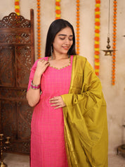 Pink Festive Kurta Set with Olive Green Dupatta for Women Traditional Ethnic Wear