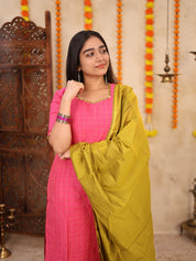 Pink Festive Kurta Set with Olive Green Dupatta for Women Traditional Ethnic Wear
