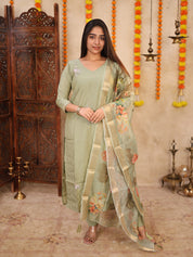 Sage Green Floral Organza Dupatta Kurta Set for Women Elegant Festive Ethnic Wear