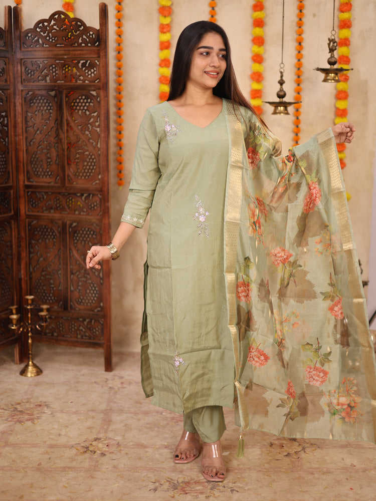 Sage Green Floral Organza Dupatta Kurta Set for Women Elegant Festive Ethnic Wear