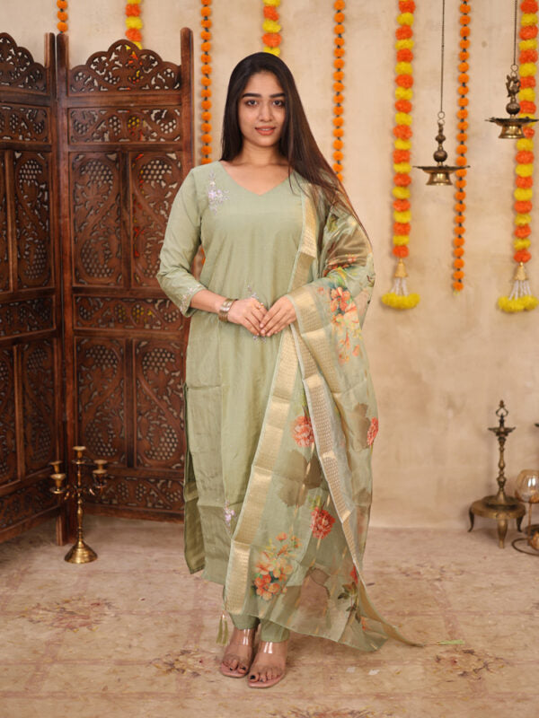 Sage Green Floral Organza Dupatta Kurta Set for Women Elegant Festive Ethnic Wear
