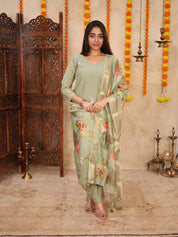 Sage Green Floral Organza Dupatta Kurta Set for Women Elegant Festive Ethnic Wear