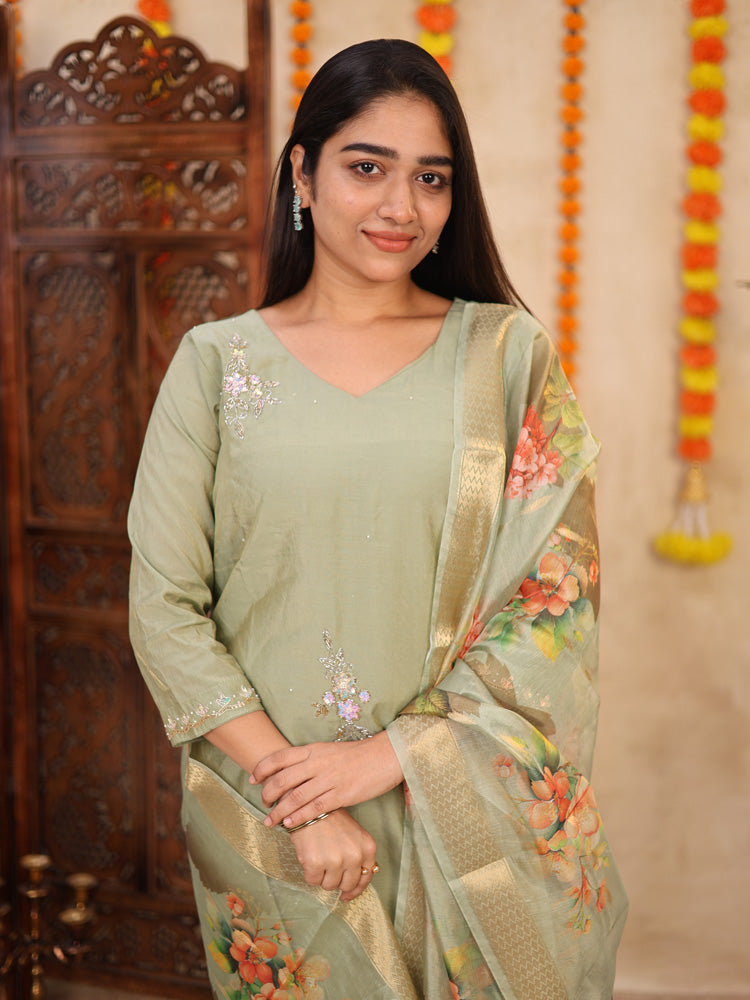 Sage Green Floral Organza Dupatta Kurta Set for Women Elegant Festive Ethnic Wear