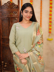 Sage Green Floral Organza Dupatta Kurta Set for Women Elegant Festive Ethnic Wear