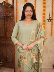 Sage Green Floral Organza Dupatta Kurta Set for Women Elegant Festive Ethnic Wear