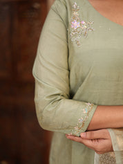 Sage Green Floral Organza Dupatta Kurta Set for Women Elegant Festive Ethnic Wear
