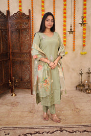 Sage Green Floral Organza Dupatta Kurta Set for Women Elegant Festive Ethnic Wear