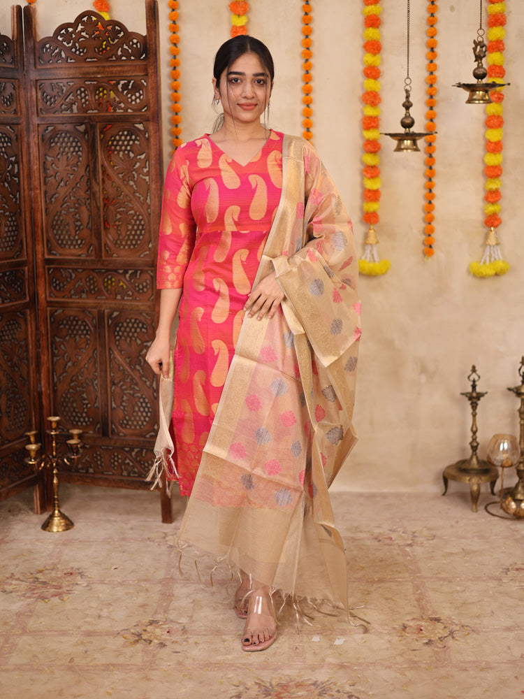 Pink Banarasi Inspired Kurta Set with Woven Dupatta for Women Festive Ethnic Wear