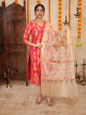 Pink Banarasi Inspired Kurta Set with Woven Dupatta for Women Festive Ethnic Wear