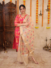 Pink Banarasi Inspired Kurta Set with Woven Dupatta for Women Festive Ethnic Wear