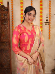 Pink Banarasi Inspired Kurta Set with Woven Dupatta for Women Festive Ethnic Wear