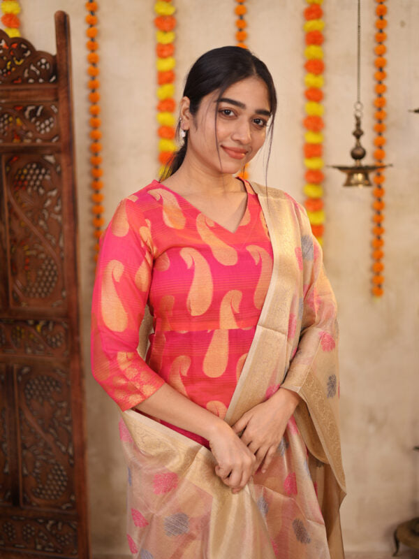 Pink Banarasi Inspired Kurta Set with Woven Dupatta for Women Festive Ethnic Wear