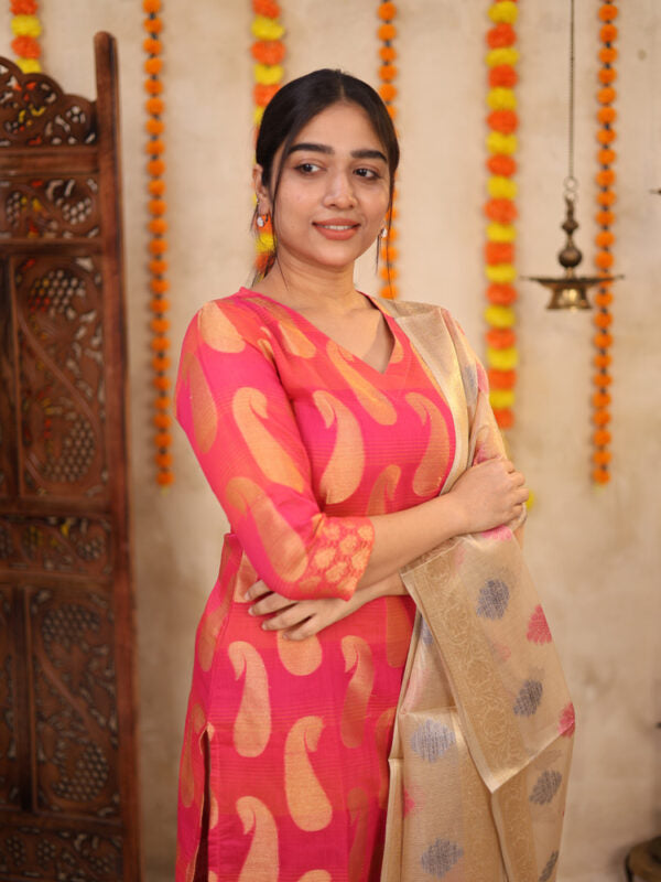 Pink Banarasi Inspired Kurta Set with Woven Dupatta for Women Festive Ethnic Wear