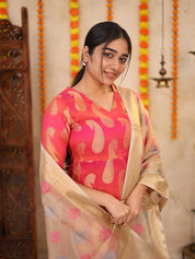 Pink Banarasi Inspired Kurta Set with Woven Dupatta for Women Festive Ethnic Wear