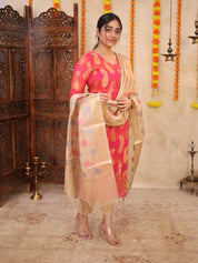 Pink Banarasi Inspired Kurta Set with Woven Dupatta for Women Festive Ethnic Wear