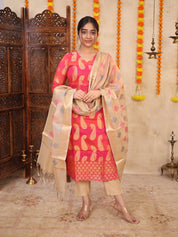 Pink Banarasi Inspired Kurta Set with Woven Dupatta for Women Festive Ethnic Wear
