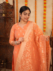 Peach Zari Woven Kurta Set with Banarasi Dupatta for Women Elegant Festive Ethnic Wear