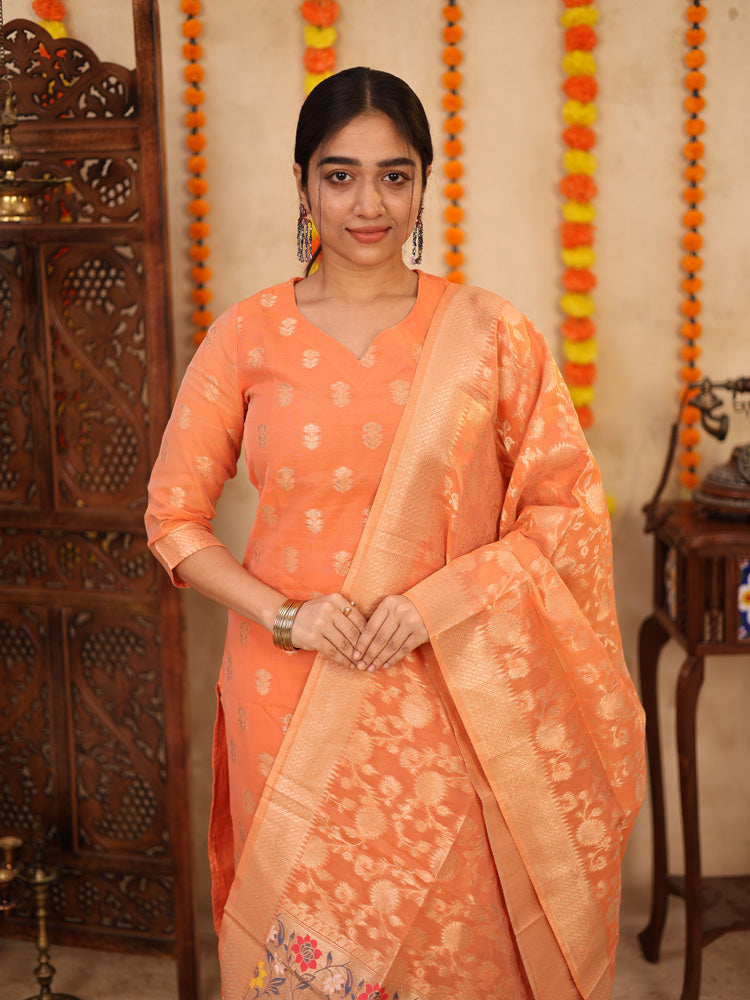 Peach Zari Woven Kurta Set with Banarasi Dupatta for Women Elegant Festive Ethnic Wear