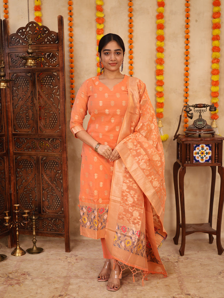 Peach Zari Woven Kurta Set with Banarasi Dupatta for Women Elegant Festive Ethnic Wear