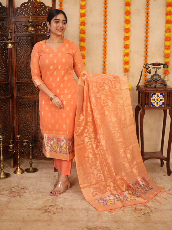 Peach Zari Woven Kurta Set with Banarasi Dupatta for Women Elegant Festive Ethnic Wear