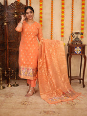 Peach Zari Woven Kurta Set with Banarasi Dupatta for Women Elegant Festive Ethnic Wear
