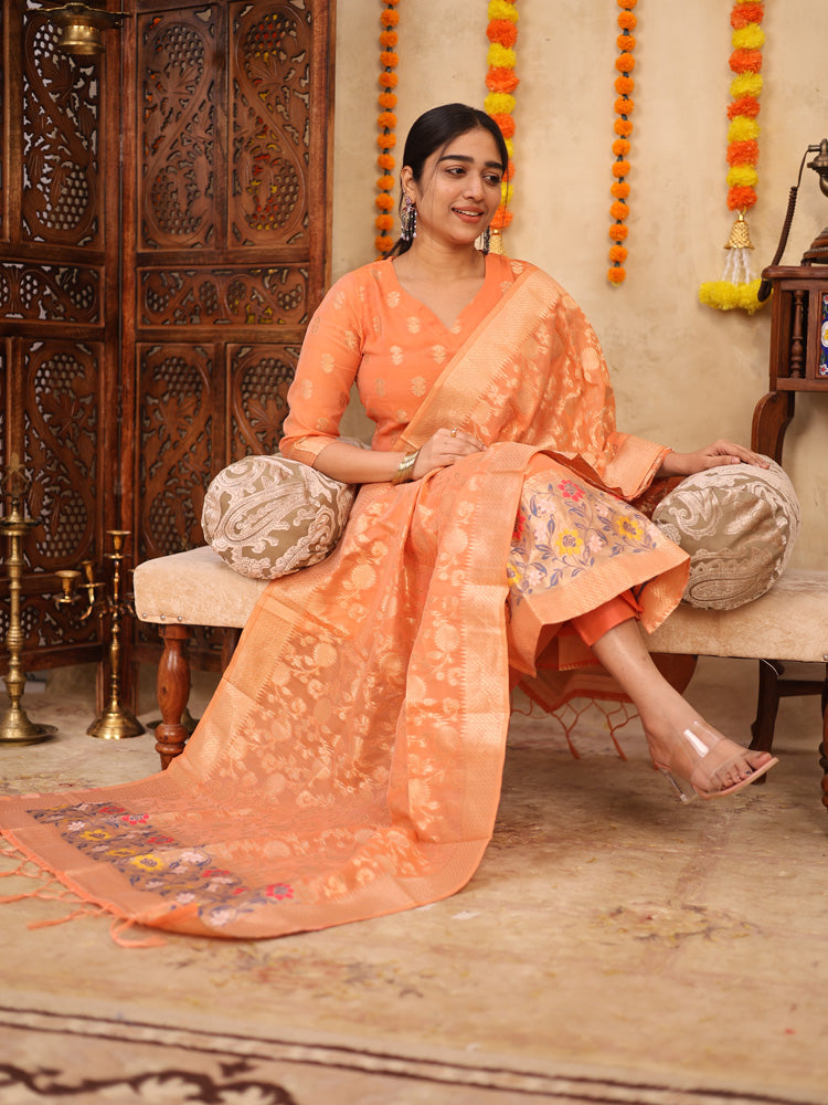 Peach Zari Woven Kurta Set with Banarasi Dupatta for Women Elegant Festive Ethnic Wear