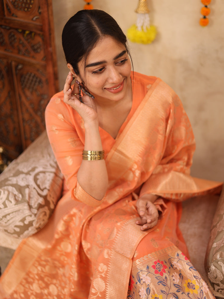Peach Zari Woven Kurta Set with Banarasi Dupatta for Women Elegant Festive Ethnic Wear