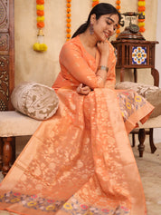 Peach Zari Woven Kurta Set with Banarasi Dupatta for Women Elegant Festive Ethnic Wear