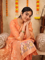 Peach Zari Woven Kurta Set with Banarasi Dupatta for Women Elegant Festive Ethnic Wear