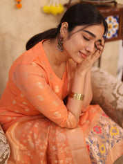 Peach Zari Woven Kurta Set with Banarasi Dupatta for Women Elegant Festive Ethnic Wear