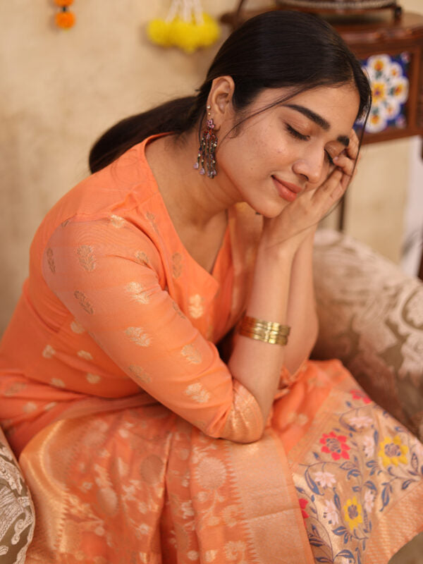 Peach Zari Woven Kurta Set with Banarasi Dupatta for Women Elegant Festive Ethnic Wear